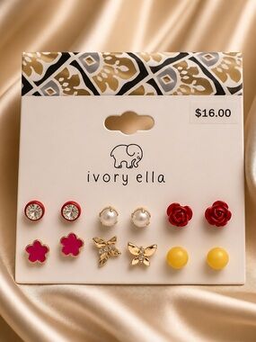 ivory ella Red, Pink, Gold, Pearl, Yellow Multi-Stud Earring Set